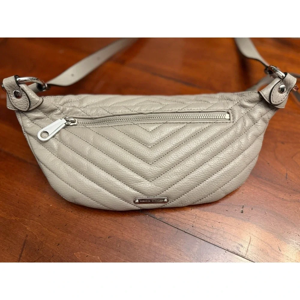 Rebecca Minkoff Edie Leather Sling Belt Bag Quilted Chevron Fanny Pack Taupe